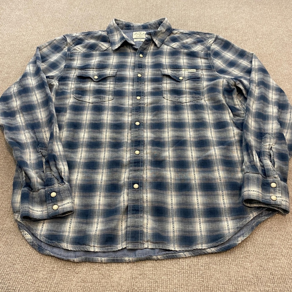 Lucky Brand Shirt Mens XL Blue Plaid Long Sleeve Western Pearl Snap Western